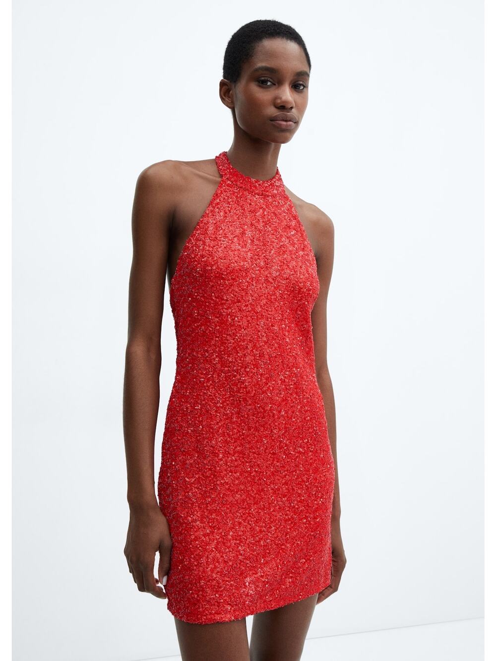 NWT Mango Red Sequined Halter Neck Mini Dress Cocktail Party Glam Bling Size 8